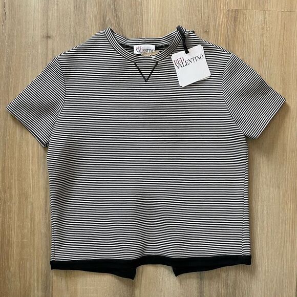 Red Valentino Monochrome Striped Knit Ruffled Trim Detailed Blouse Top XS NWT - Picture 1 of 6